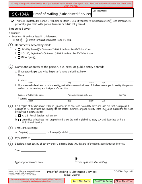 Form SC-104A Proof of Mailing (Substituted Service) - California