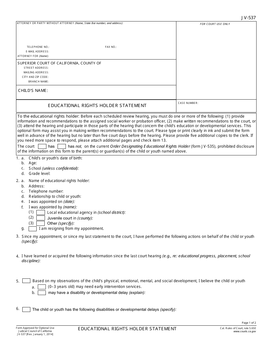 Form JV-537 Educational Rights Holder Statement - California, Page 1