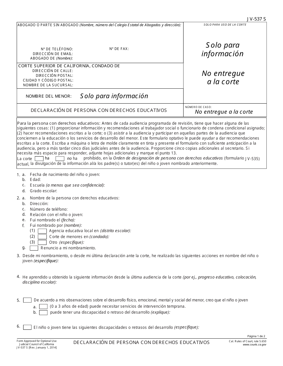 Formulario JV-537 S Declaracion De Persona Con Derechos Educativos - California (Spanish), Page 1