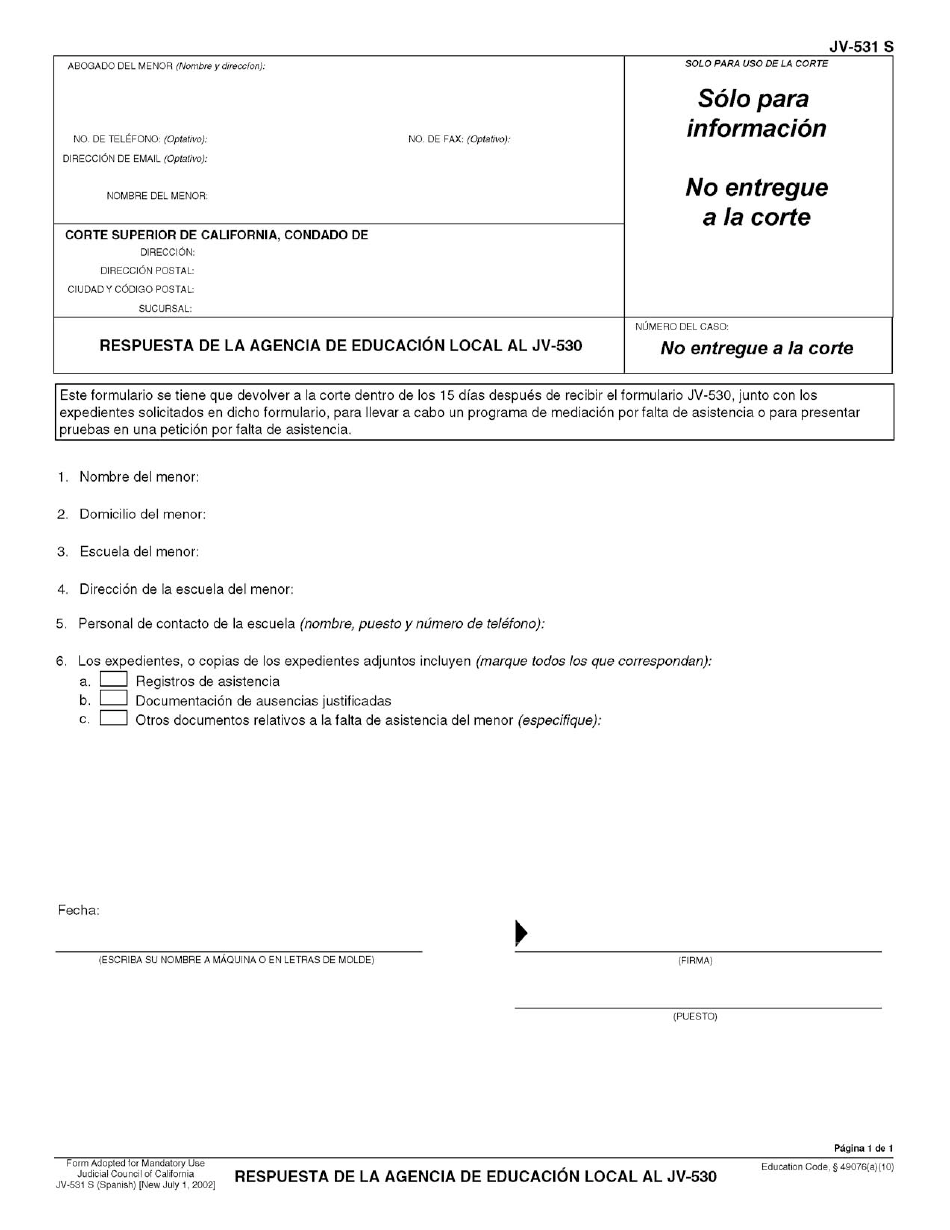 Formulario JV-531 S Respuesta De La Agencia De Educacion Local Av Jv-530 - California (Spanish), Page 1