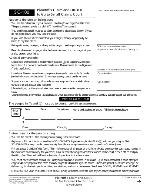 Form SC 100 Fill Out Sign Online and Download Fillable PDF