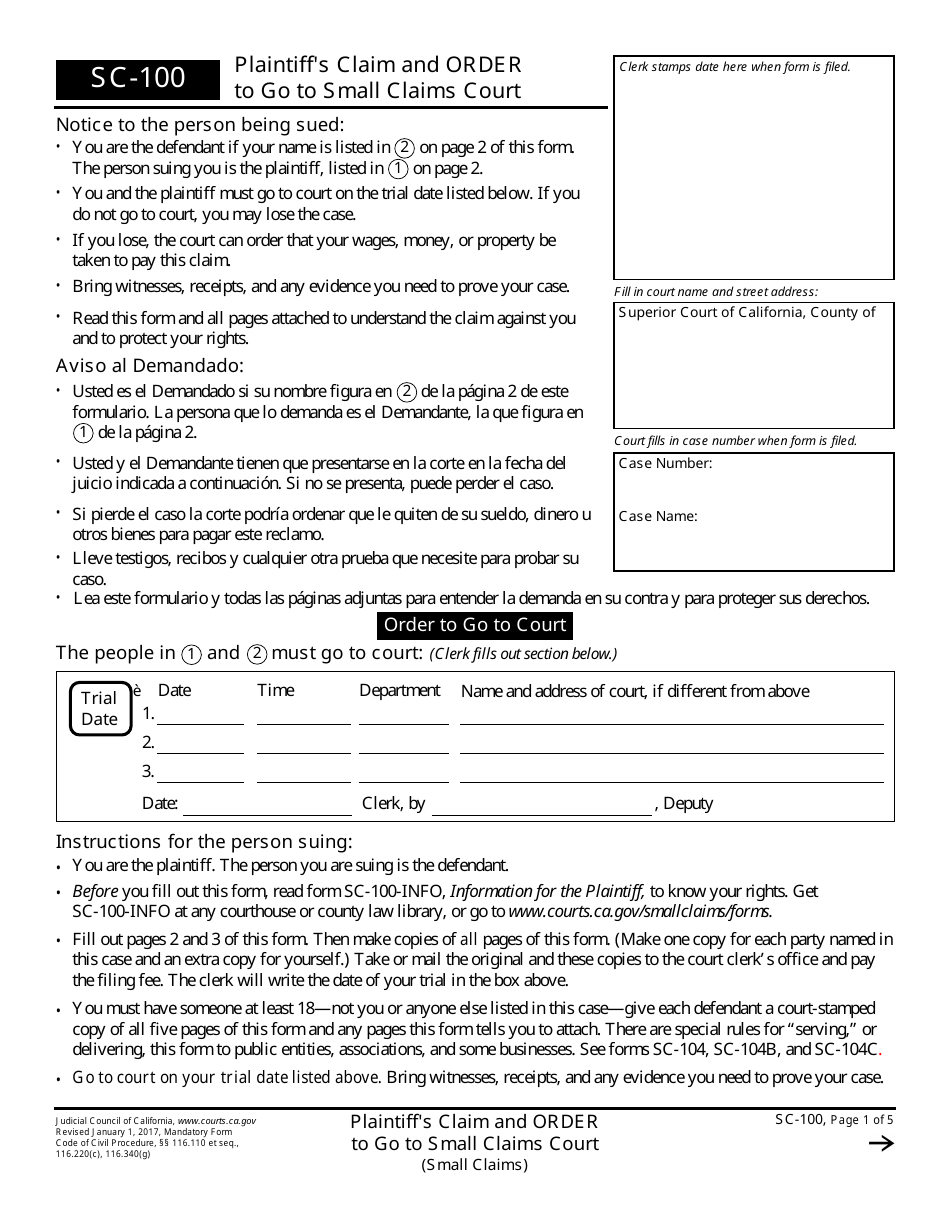 Form SC-100 Plaintiffs Claim and Order to Go to Small Claims Court - California (English / Spanish), Page 1