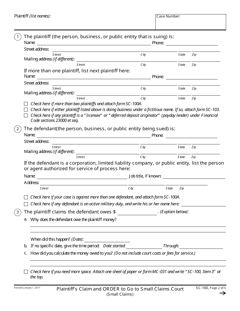 Form SC-100 Plaintiffs Claim and Order to Go to Small Claims Court - California (English / Spanish), Page 2