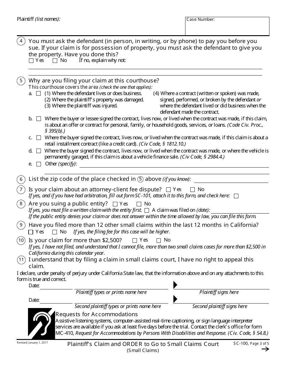 Form SC-100 Plaintiffs Claim and Order to Go to Small Claims Court - California (English / Spanish), Page 3