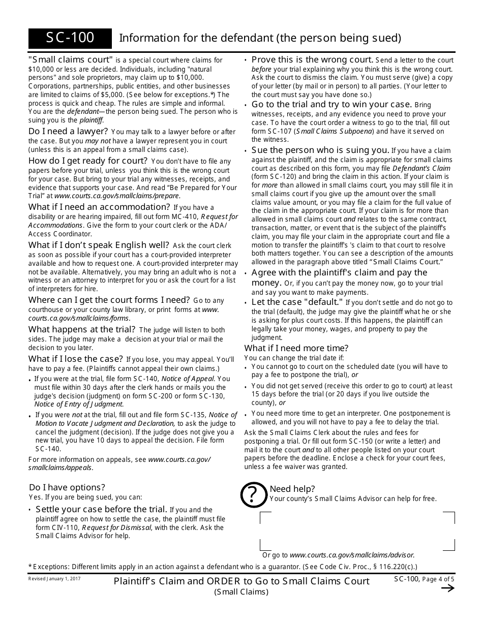 Form SC-100 Plaintiffs Claim and Order to Go to Small Claims Court - California (English / Spanish), Page 4