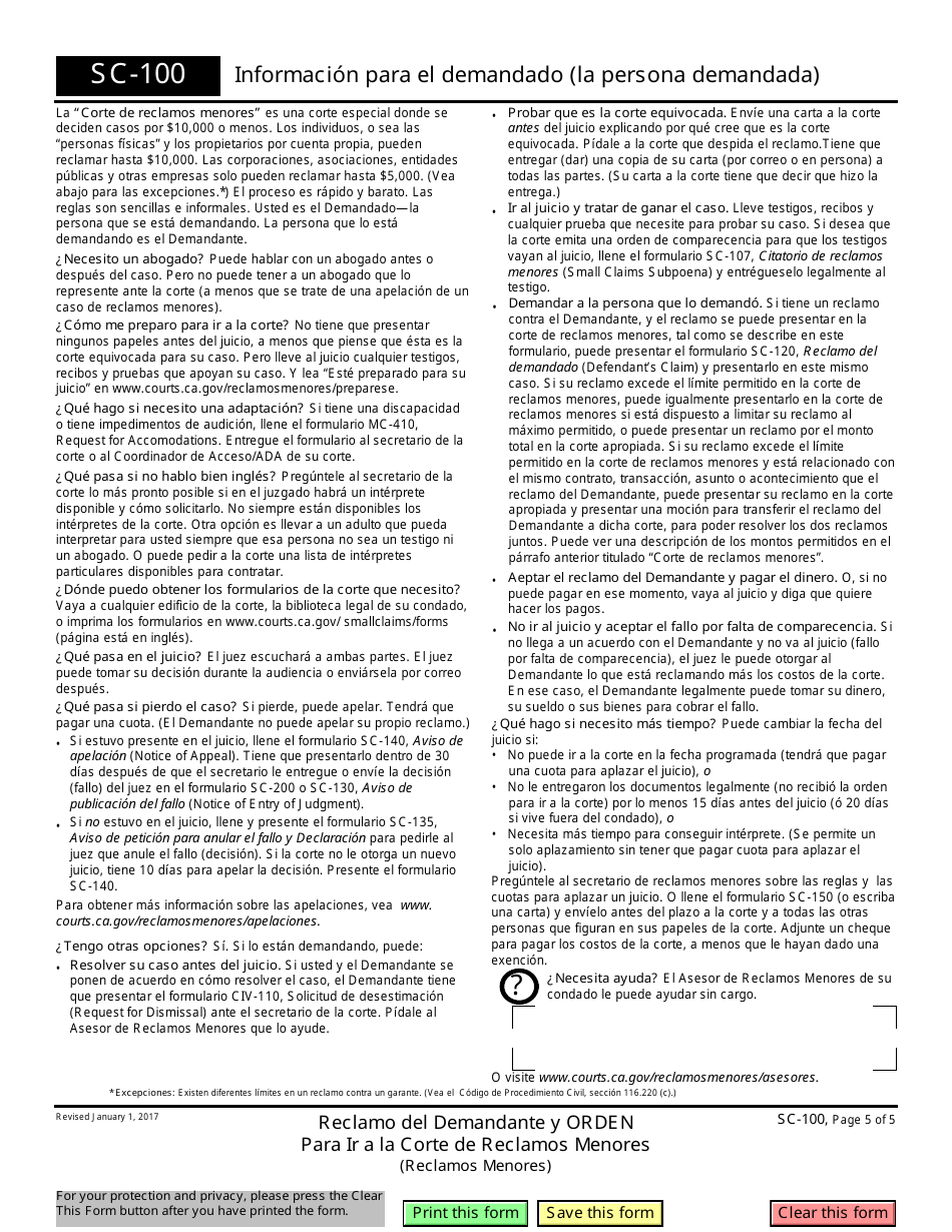 Form SC-100 Plaintiffs Claim and Order to Go to Small Claims Court - California (English / Spanish), Page 5