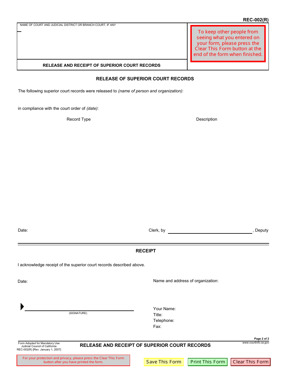 Form REC-002(R) Release and Receipt of Superior Court Records - California, Page 1