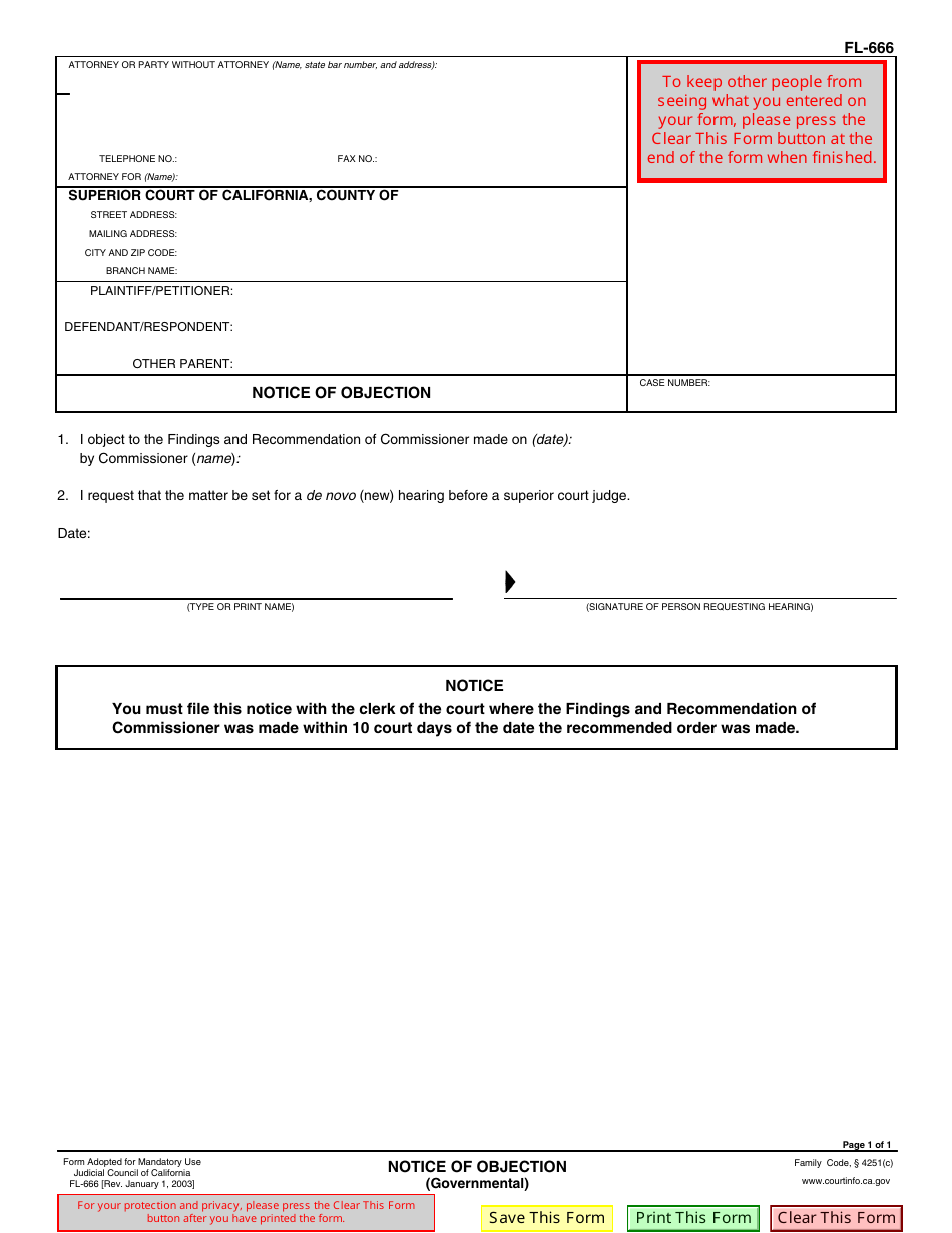 Form FL-666 Notice of Objection - California, Page 1