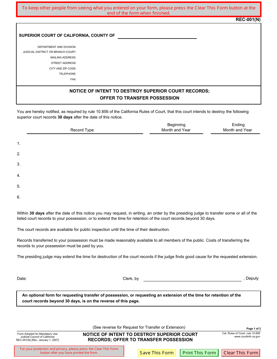 Form REC-001(N) Notice of Intent to Destroy Superior Court Records; Offer to Transfer Possession - California, Page 1