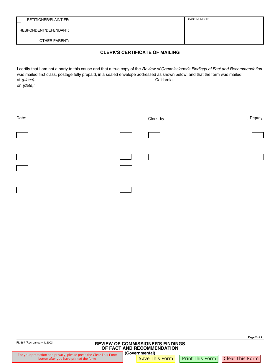 Form FL-667 Review of Commissioners Findings of Fact and Recommendation - California, Page 2