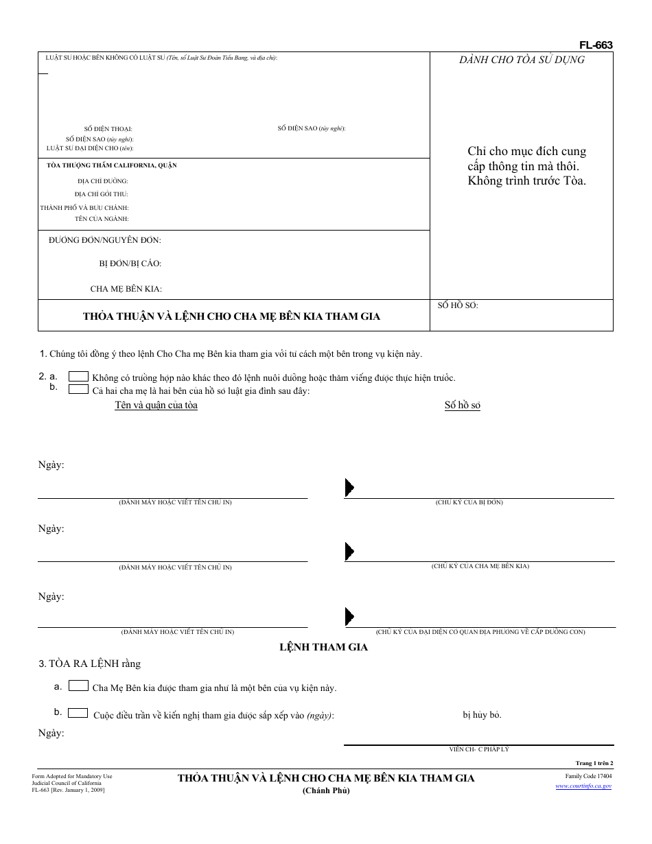 Form FL-663 V Stipulation and Order for Joinder of Other Parent (Governmental) - California (Vietnamese), Page 1