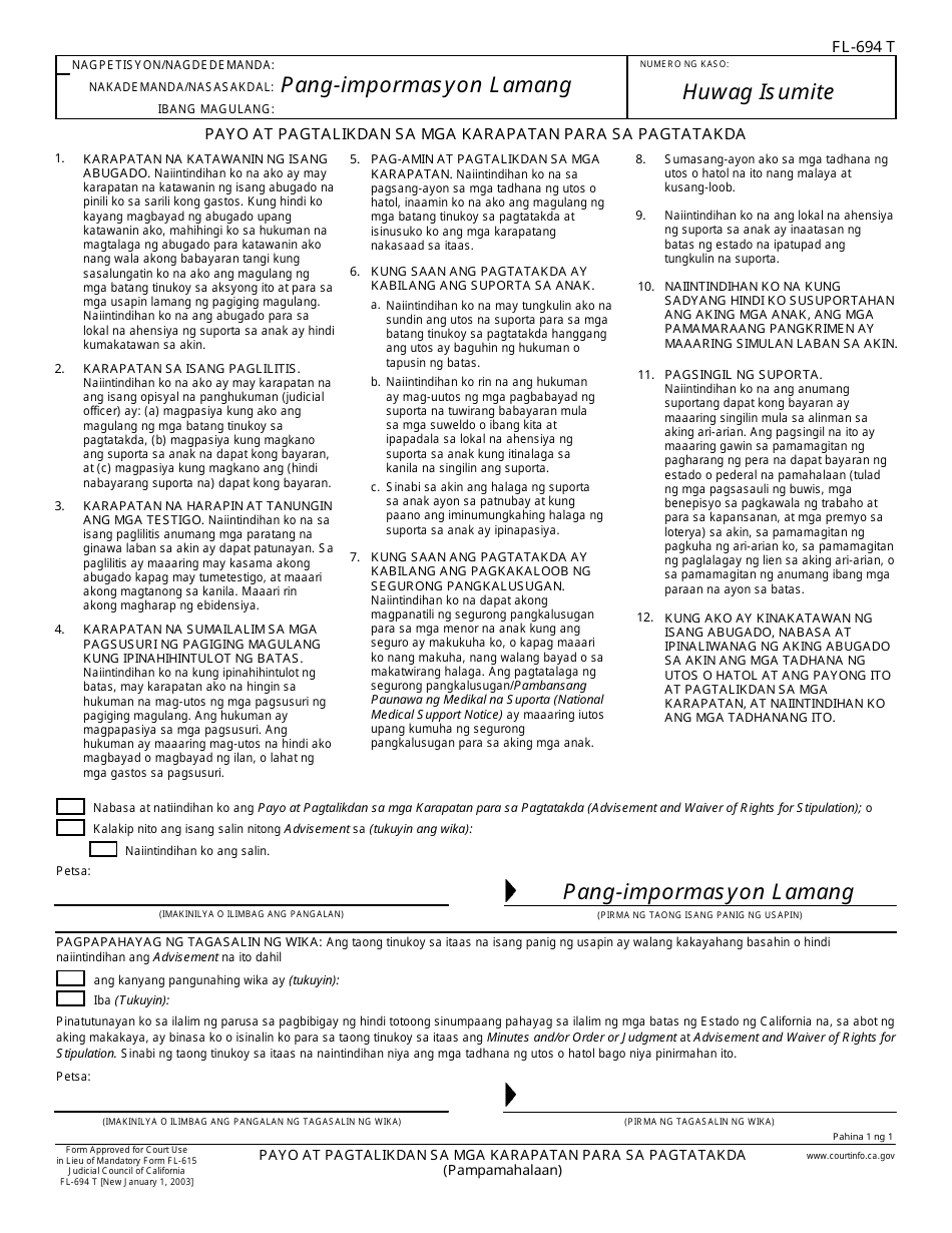 Form FL-694 T Advisement and Waiver of Rights for Stipulation - California (Tagalog), Page 1