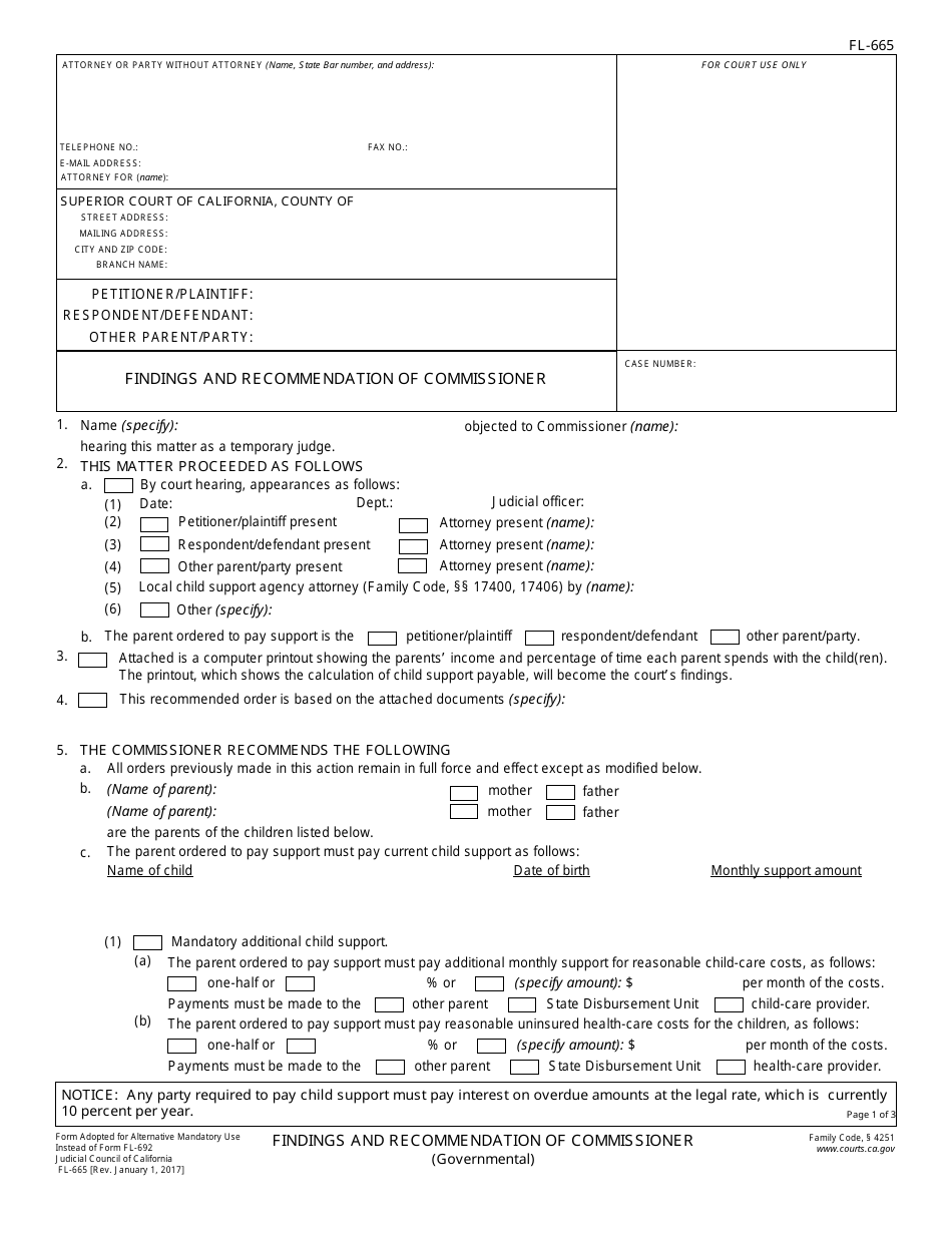 Form FL-665 Findings and Recommendation of Commissioner - California, Page 1