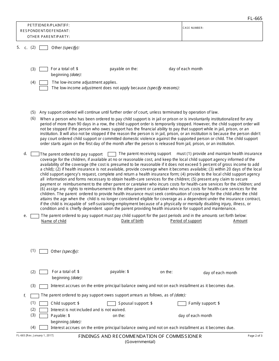 Form FL-665 Findings and Recommendation of Commissioner - California, Page 2