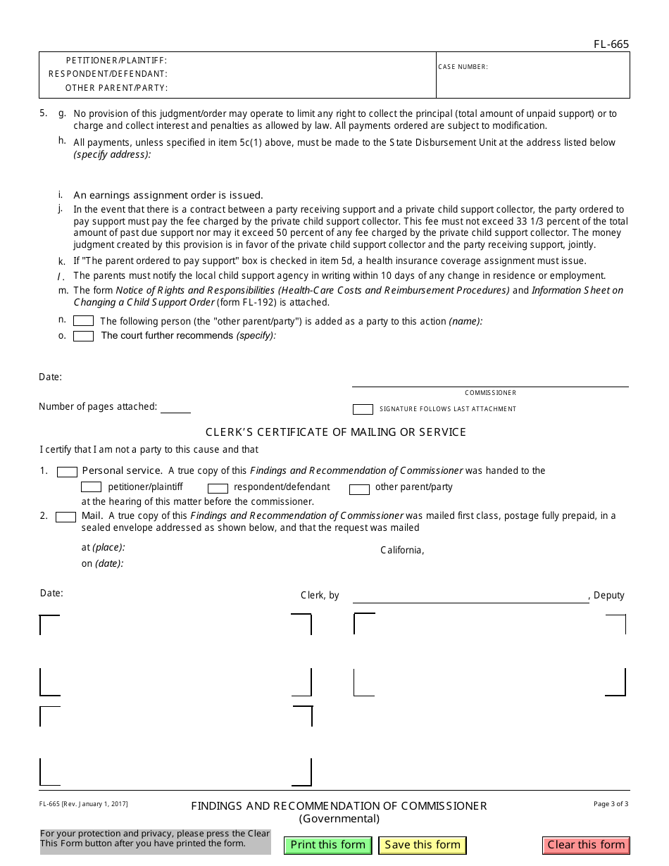 Form FL-665 Findings and Recommendation of Commissioner - California, Page 3