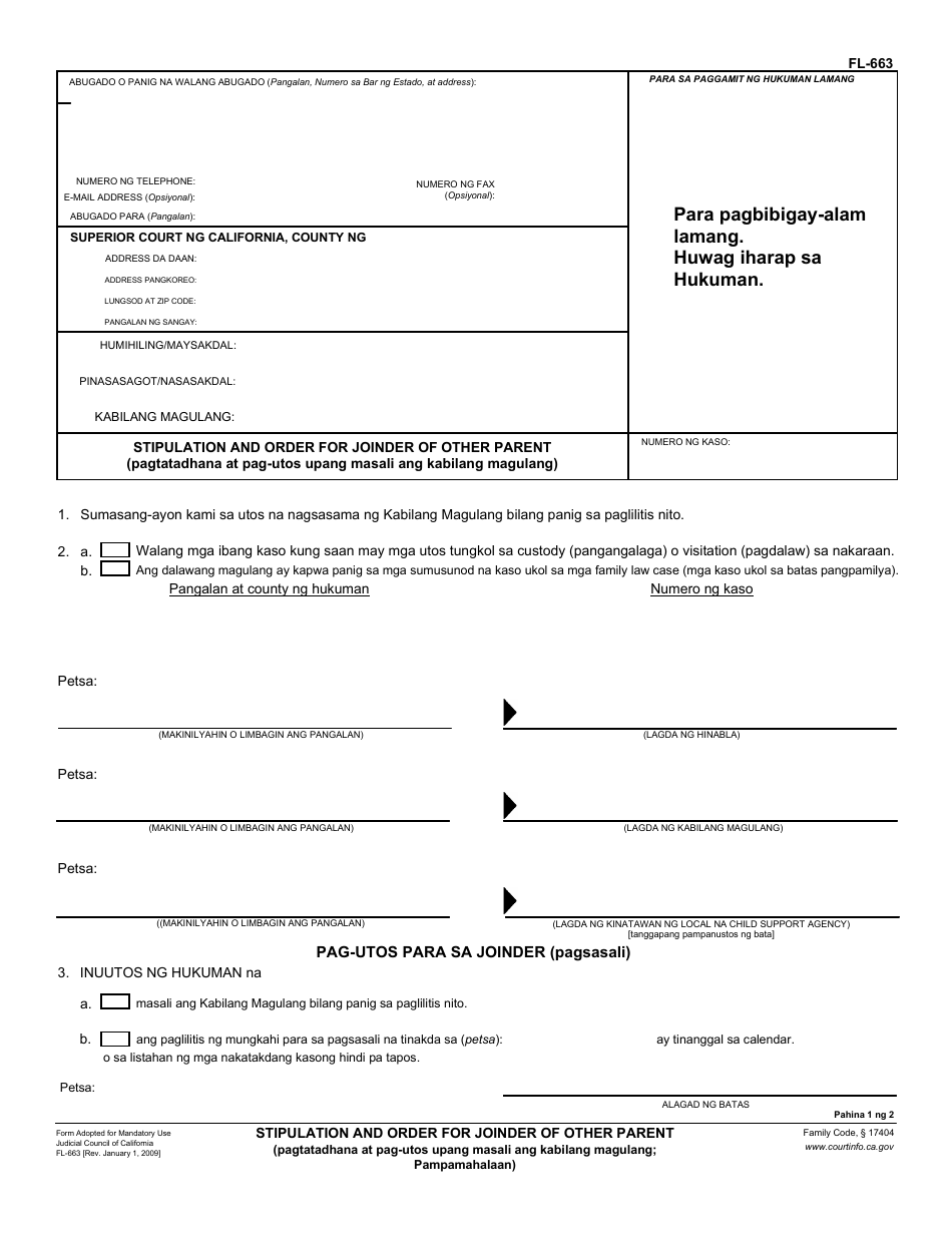 Form FL-663 T Stipulation and Order for Joinder of Other Parent (Governmental) - California (Tagalog), Page 1