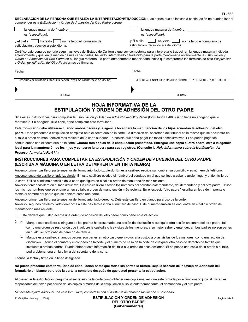 Formulario FL-663 Estipulacion Y Orden De Adhesion Del Otro Padre - California (Spanish), Page 2