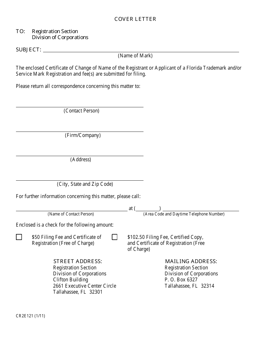 Form CR2E121 Certificate of Change of Name of the Registrant or Applicant of a Florida Trademark and / or Service Mark Registration - Florida, Page 1