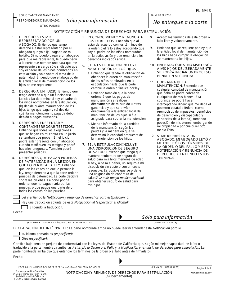 Formulario FL-694 S Notificacion Y Renuncia De Derechos Para Estipulacion - California (Spanish), Page 1