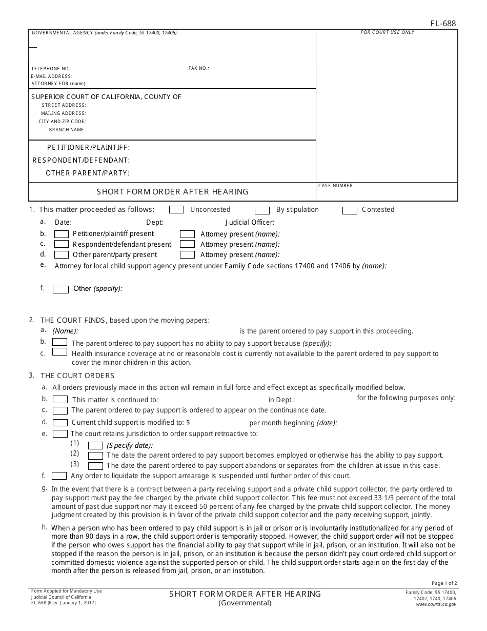 Form FL-688 Short Form Order After Hearing - California, Page 1