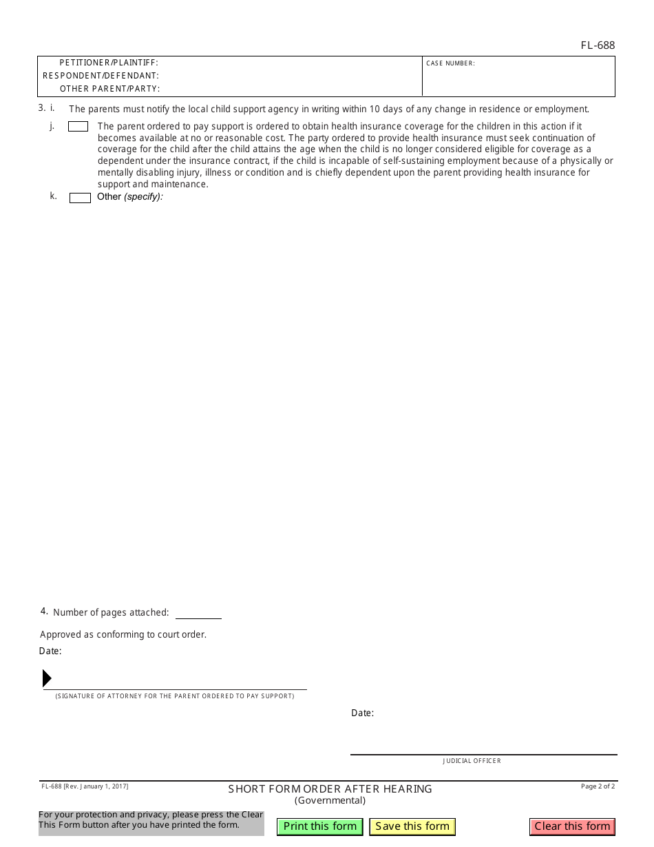 Form FL-688 Short Form Order After Hearing - California, Page 2