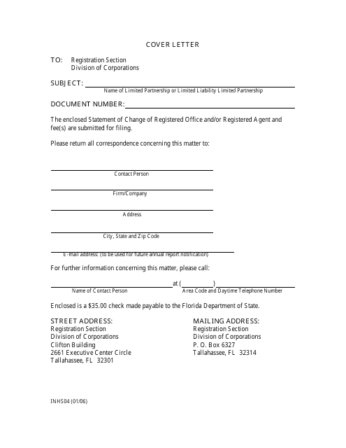 Form INHS04 Download Fillable PDF or Fill Online Limited Partnership or  Limited Liability Limited Partnership Statement of Change of Registered  Office or Registered Agent, or Both Florida | Templateroller