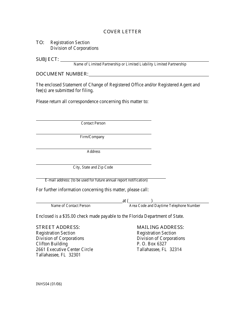 Form INHS04 Limited Partnership or Limited Liability Limited Partnership Statement of Change of Registered Office or Registered Agent, or Both - Florida, Page 1