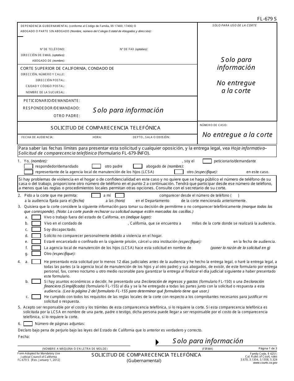 Formulario FL-679 S Solicitud De Comparecencia Telefonica - California (Spanish), Page 1