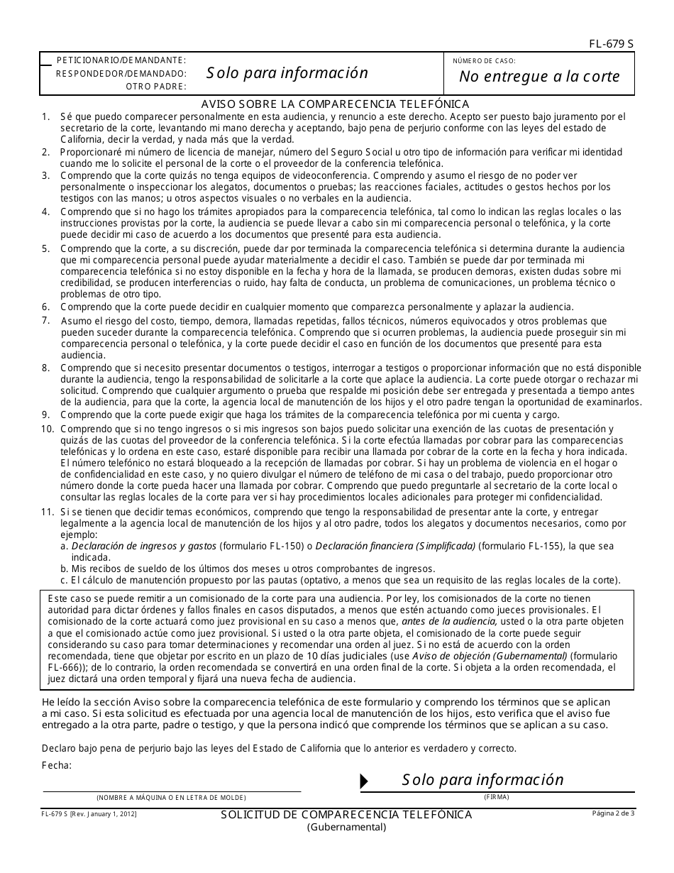 Formulario FL-679 S Solicitud De Comparecencia Telefonica - California (Spanish), Page 2