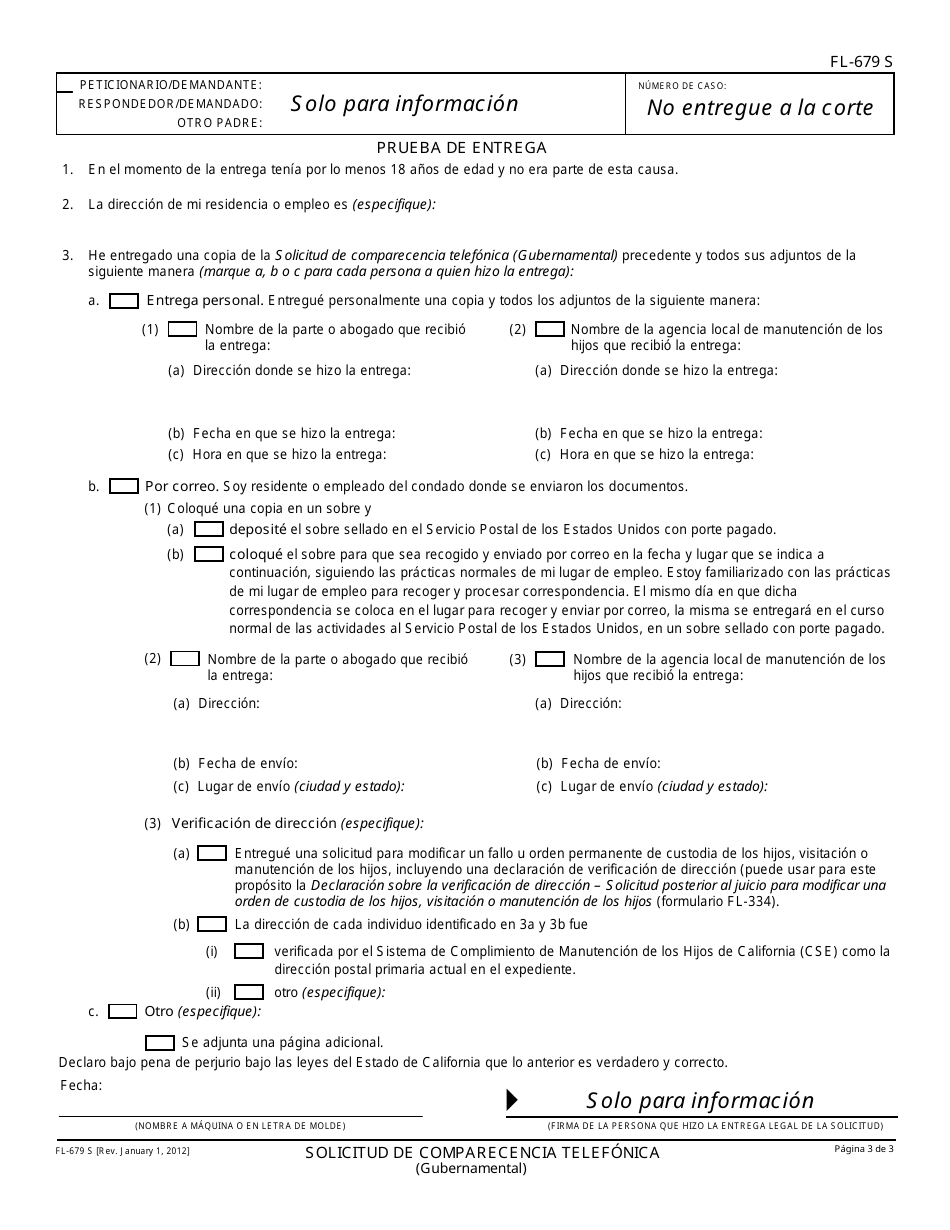 Formulario FL-679 S Solicitud De Comparecencia Telefonica - California (Spanish), Page 3
