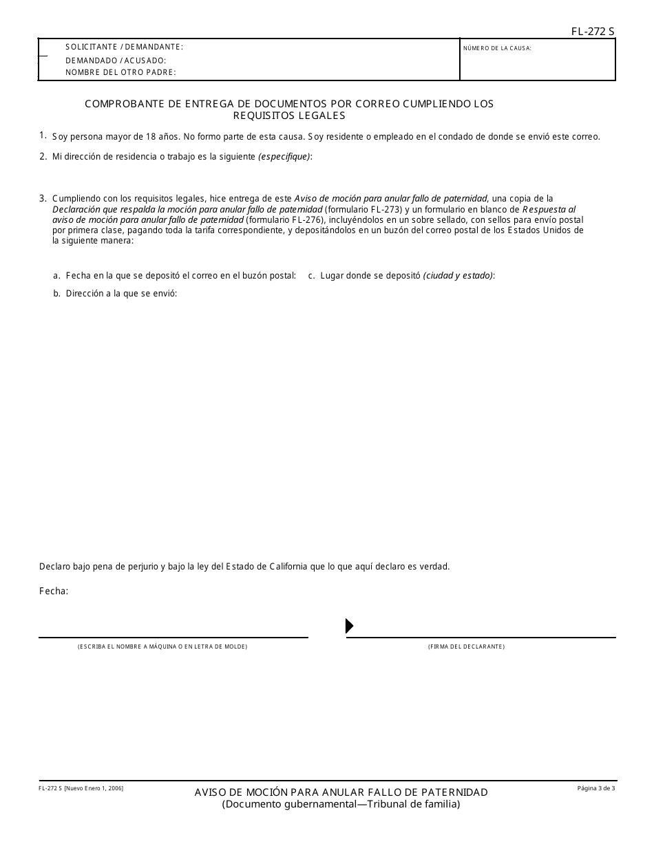 Formulario FL-272 S Aviso De Mocion Para Anular Fallo De Paternidad - California (Spanish), Page 3