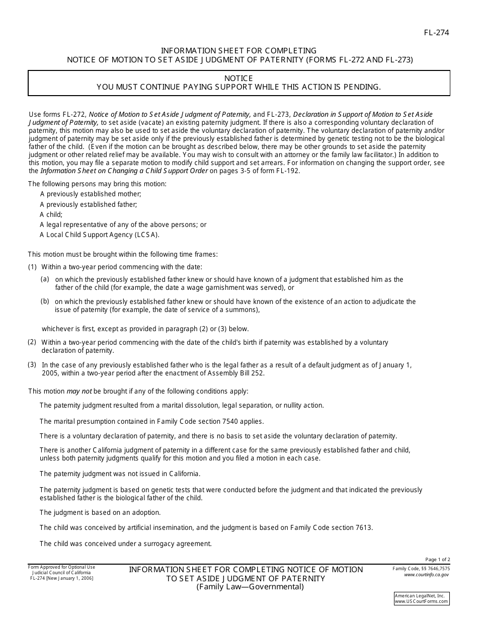 Instructions for Form FL-272, FL-273 Notice of Motion to Set Aside Judgment of Paternity - California, Page 1