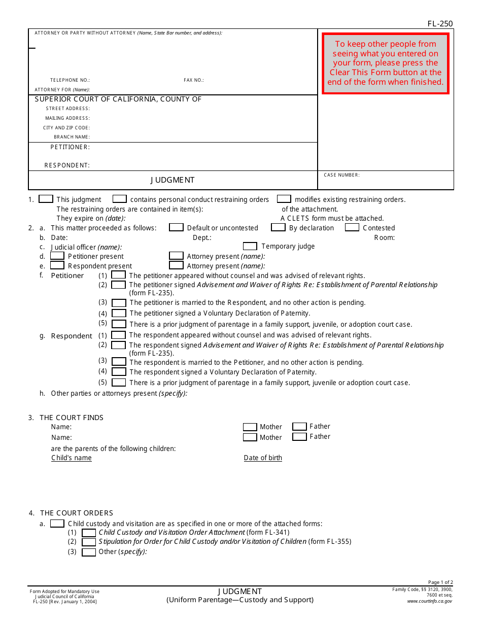 Form FL-250 Judgment (Uniform Parentage  Custody and Support) - California, Page 1