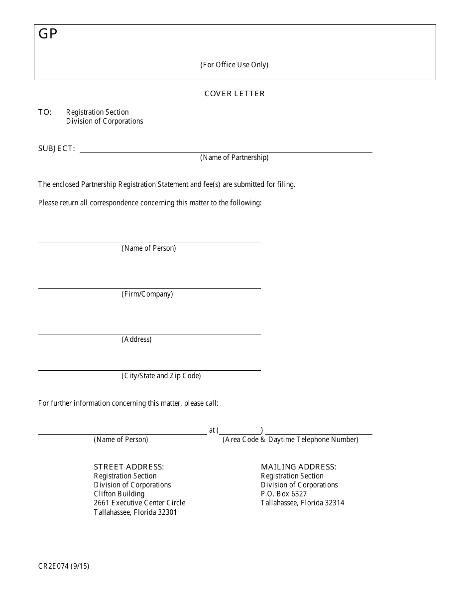 Form CR2E074 Partnership Registration Statement - Florida, Page 1