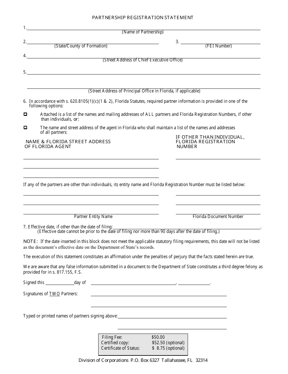 Form CR2E074 Partnership Registration Statement - Florida, Page 2