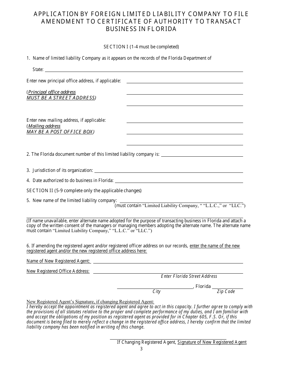 Form CR2E055 Application by Foreign Limited Liability Company to File Amendment to Certificate of Authority to Transact Business in Florida - Florida, Page 3