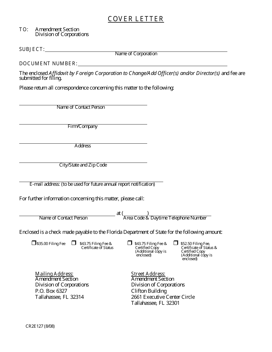 Form CR2E127 Affidavit by Foreign Corporation to Change / Add Officer(S) and / or Director(S) - Florida, Page 1