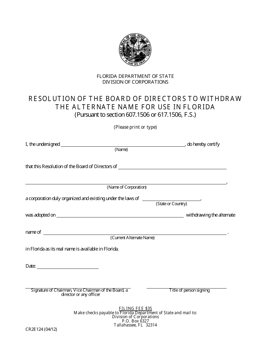 Form CR2E124 Resolution of the Board of Directors to Withdraw the Alternate Name for Use in Florida - Florida, Page 2