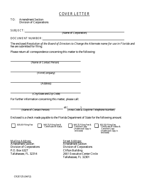 Form CR2E125 Resolution of the Board of Directors to Change the Alternate Name for Use in Florida - Florida