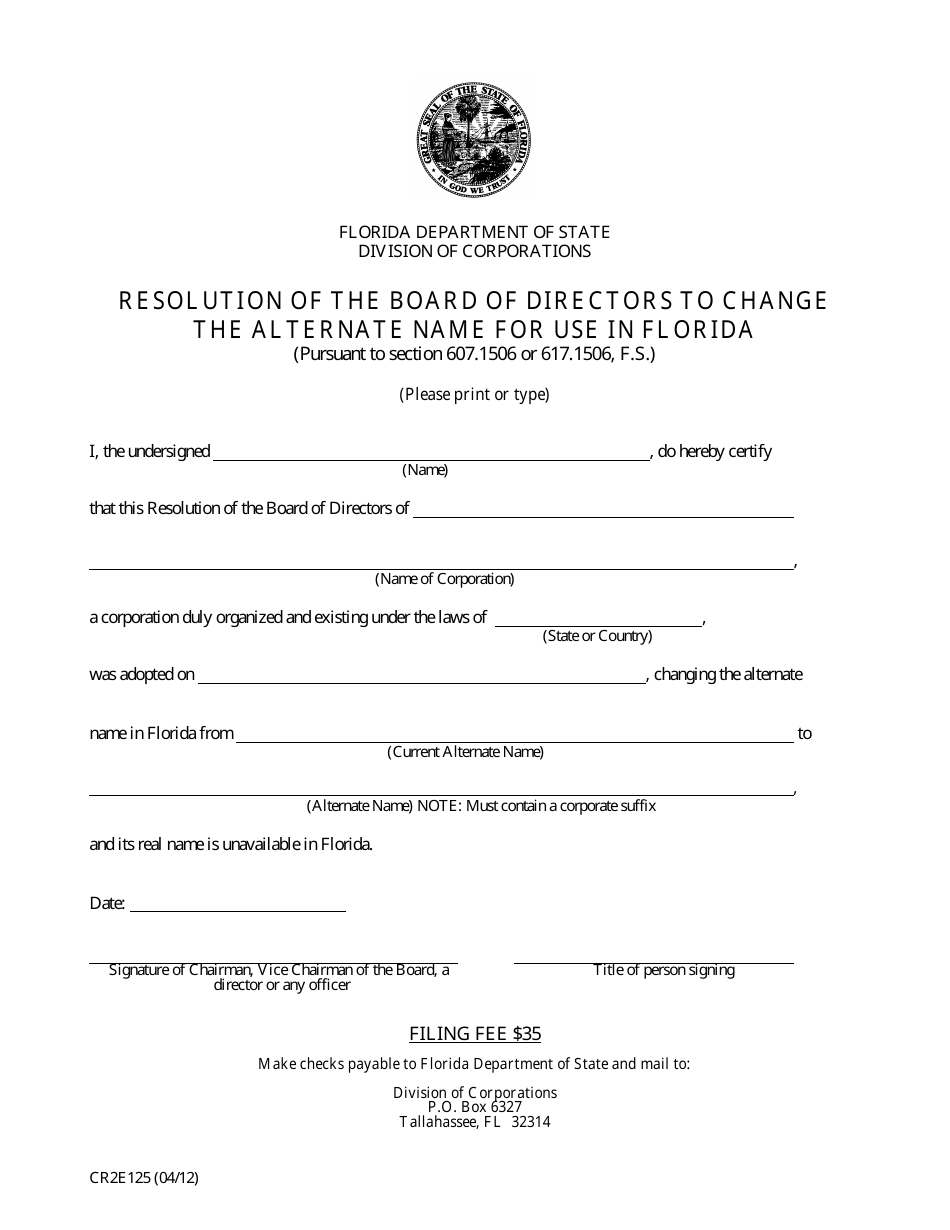 Form CR2E125 Resolution of the Board of Directors to Change the Alternate Name for Use in Florida - Florida, Page 2