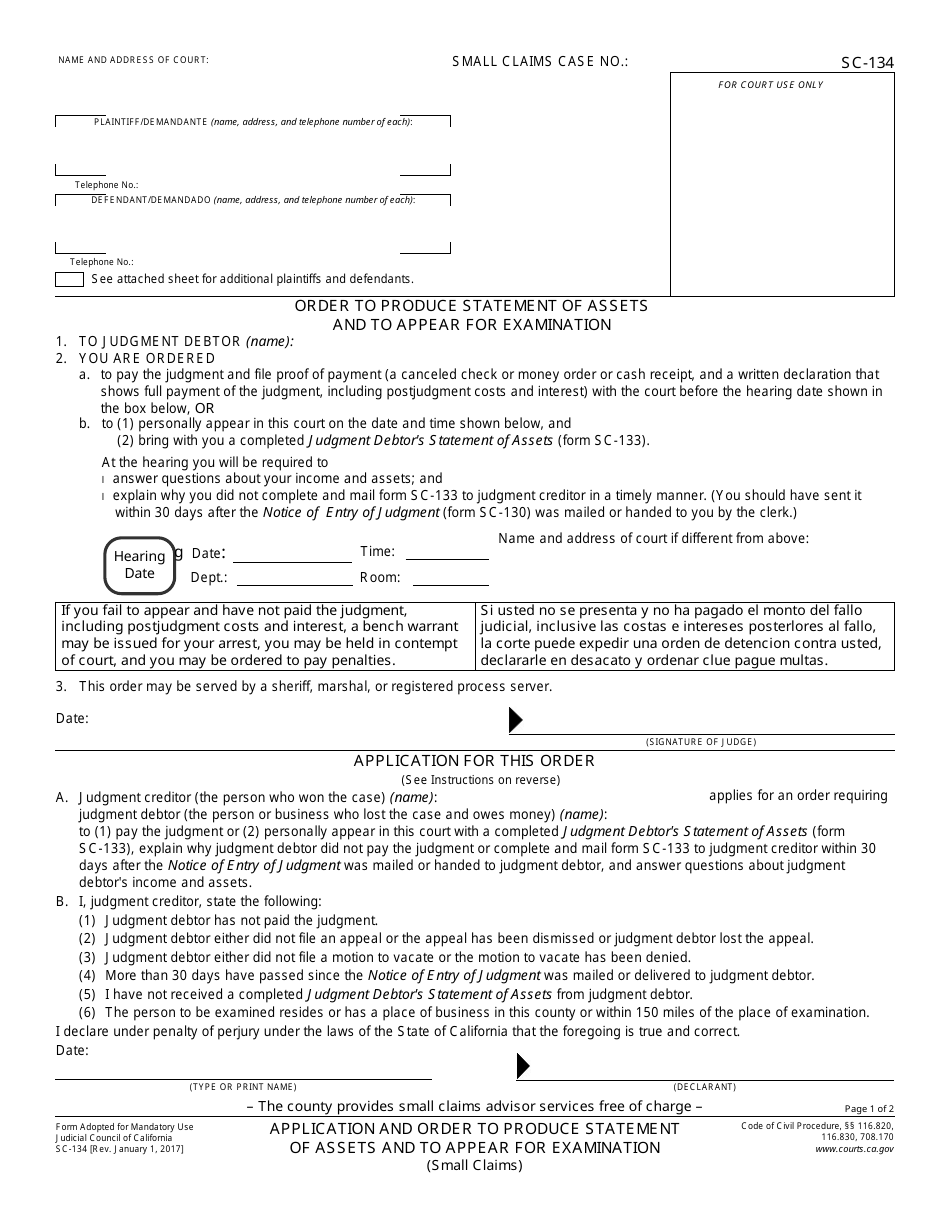 Form SC-134 Application and Order to Produce Statement of Assets and to Appear for Examination - California, Page 1
