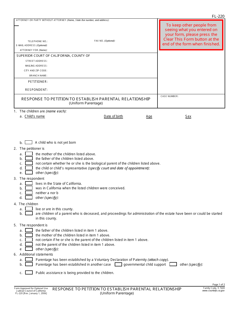 Form FL-220 Response to Petition to Establish Parental Relationship (Uniform Parentage) - California, Page 1