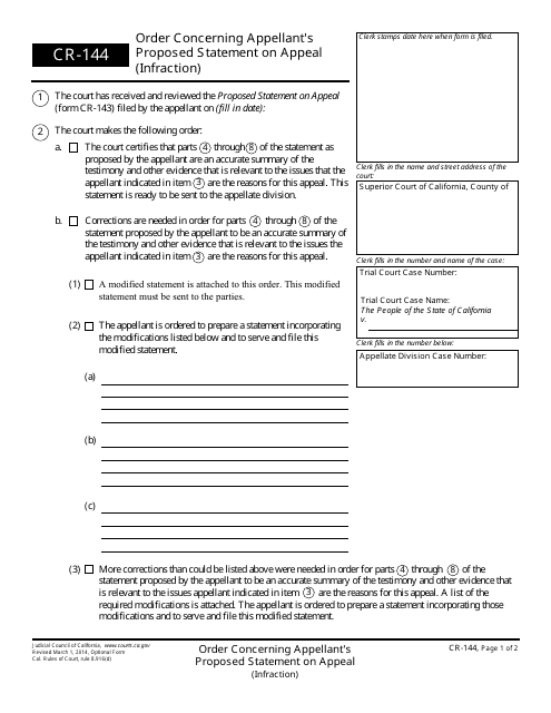 Form CR-144 Order Concerning Appellant's Proposed Statement on Appeal (Infraction) - California