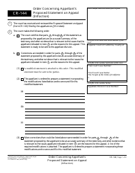 Form CR-144 Order Concerning Appellant&#039;s Proposed Statement on Appeal (Infraction) - California