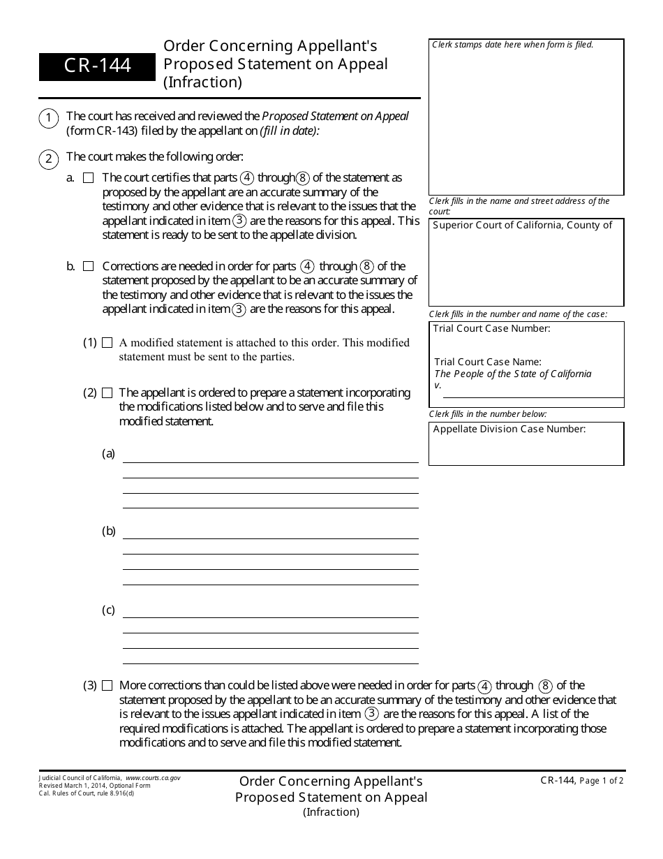 Form CR-144 Order Concerning Appellants Proposed Statement on Appeal (Infraction) - California, Page 1