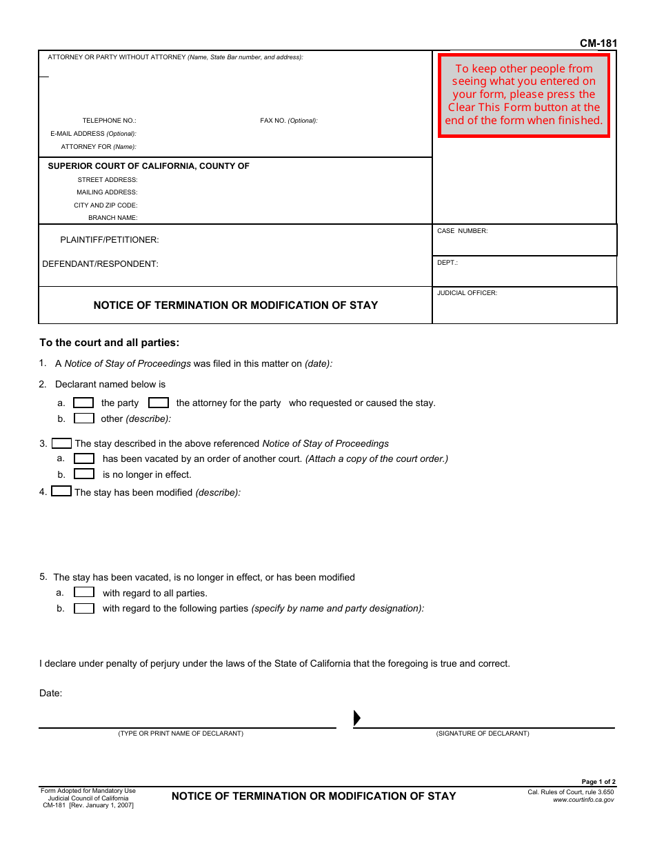 Form CM-181 Notice of Termination or Modification of Stay - California, Page 1
