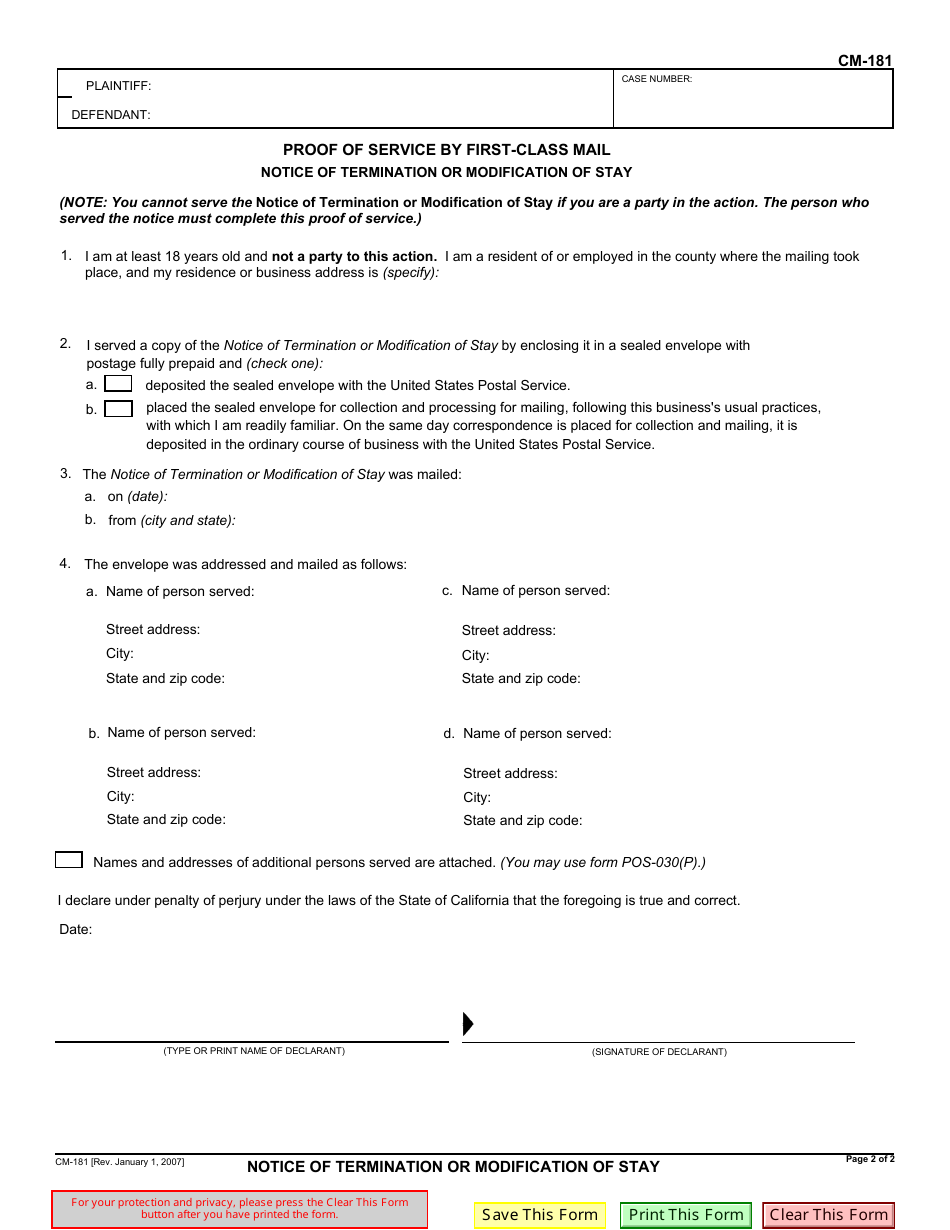 Form CM-181 Notice of Termination or Modification of Stay - California, Page 2