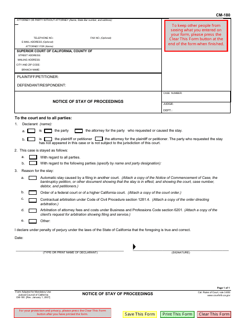 Form CM-180 Notice of Stay of Proceedings - California