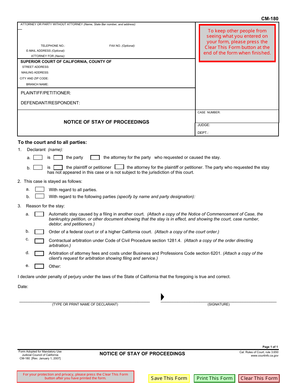 Form CM-180 Notice of Stay of Proceedings - California, Page 1
