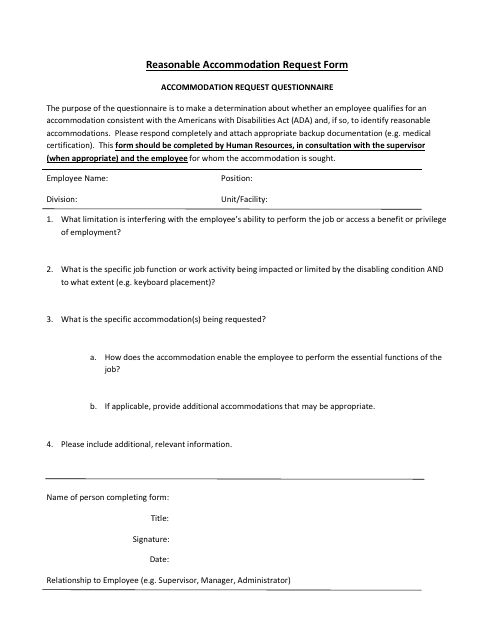 Ada Reasonable Accommodation Request Form - Delaware Download Pdf